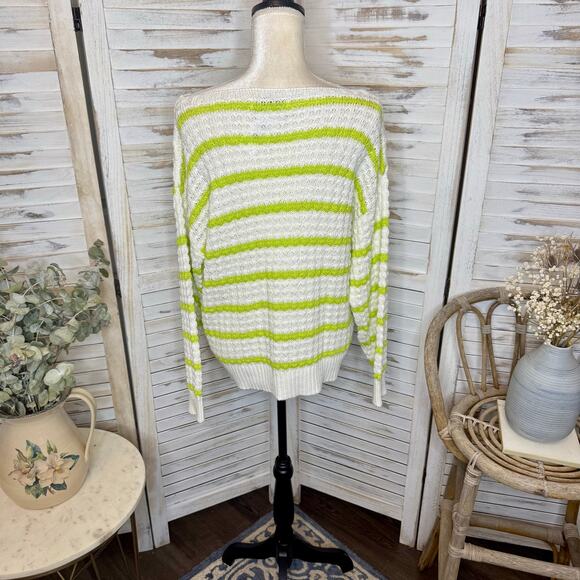 AMOUR VERT NEW Women's Lar Stripe Novelty Sweater Ivory Lime Cotton Linen Gauze - Picture 14 of 16